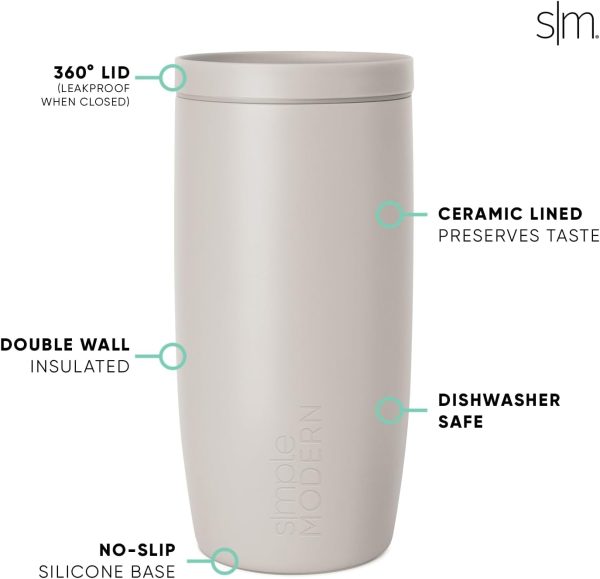 Simple Modern Travel Coffee Mug Tumbler with 360° Lid | Ceramic-Lined Insulated Stainless Steel Cold Brew Iced Coffee Cup Thermos | Gift for Women Men Her Him | Voyager Signature | 16oz | Almond Birch - Image 4