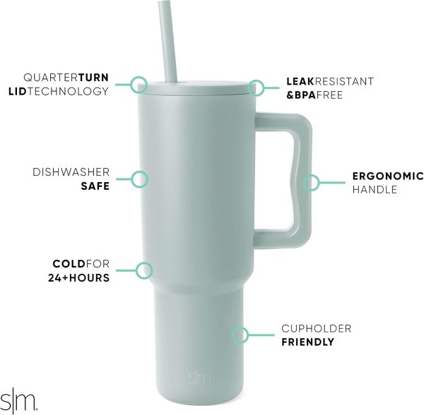 Simple Modern 40 oz Trek Tumbler with Handle and Straw Lid | Cup Holder Friendly Insulated Stainless Steel Travel Mug | Sea Glass Sage - Image 2