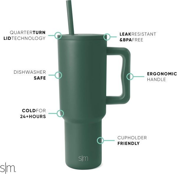 Simple Modern 40 oz Trek Tumbler with Handle and Straw Lid | Cup Holder Friendly Insulated Stainless Steel Travel Mug | Sea Glass Sage - Image 58