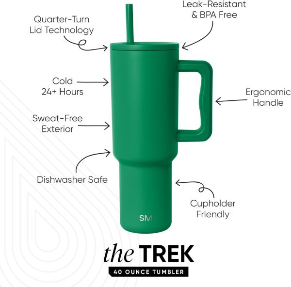 Simple Modern 40 oz Trek Tumbler with Handle and Straw Lid | Cup Holder Friendly Insulated Stainless Steel Travel Mug | Sea Glass Sage - Image 91
